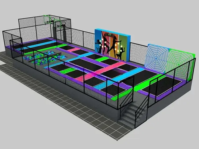 Playground interior con trampolín · 36 × 14 m