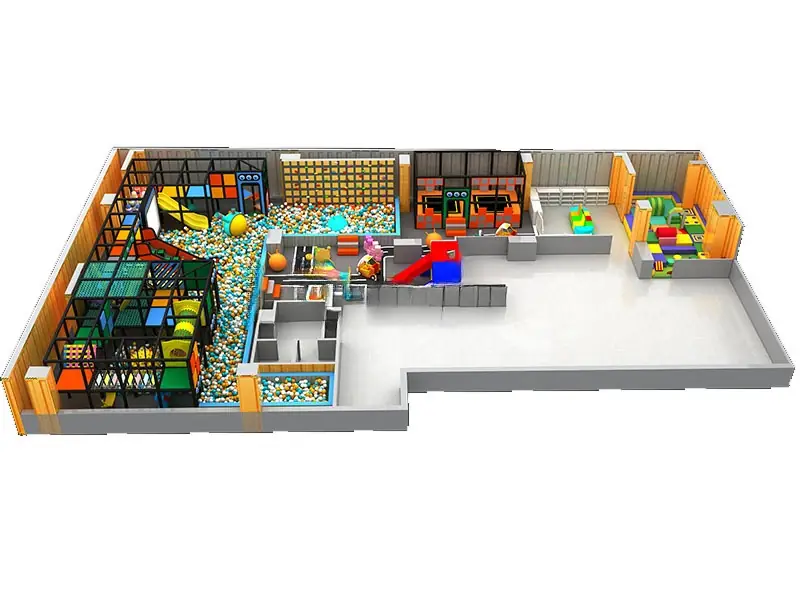Playground interior con trampolín · 27 × 16 × 2.7 m