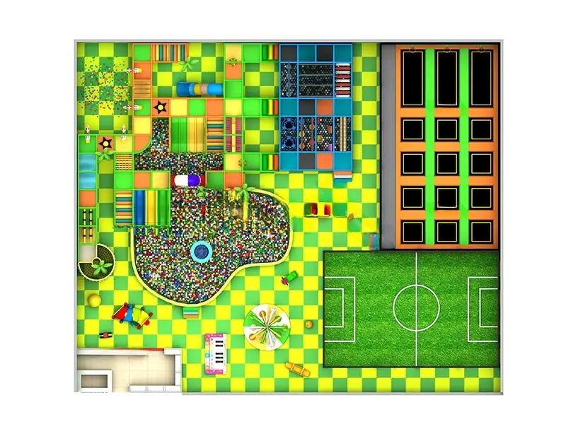 Playground interior tema bosque con trampolín · 29 × 24 m