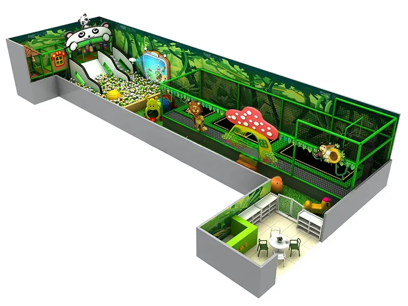 Playground interior tema bosque · 23 × 5.3 m
