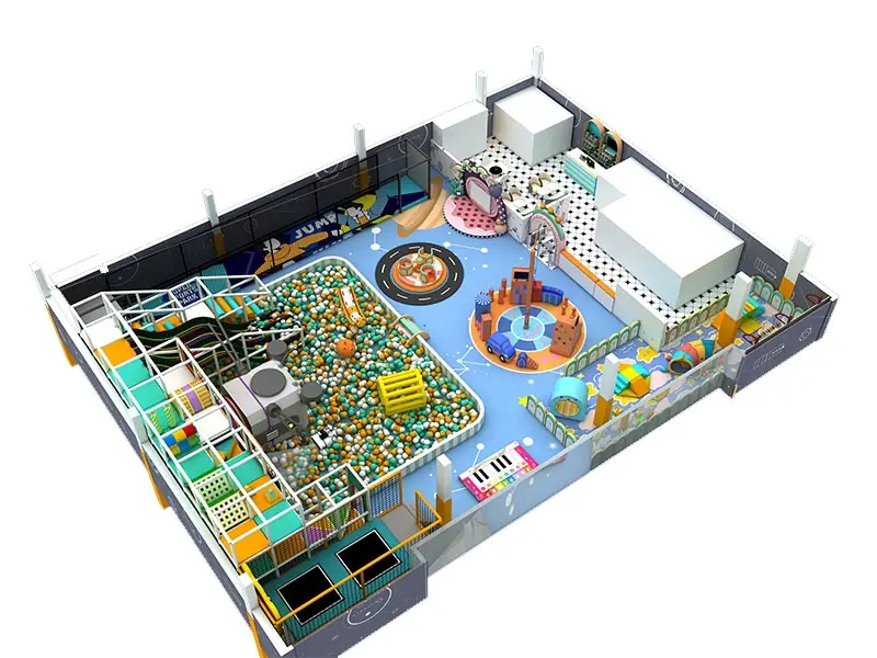 Playground interior con trampolín · 26 × 19 m · Modelo 0087