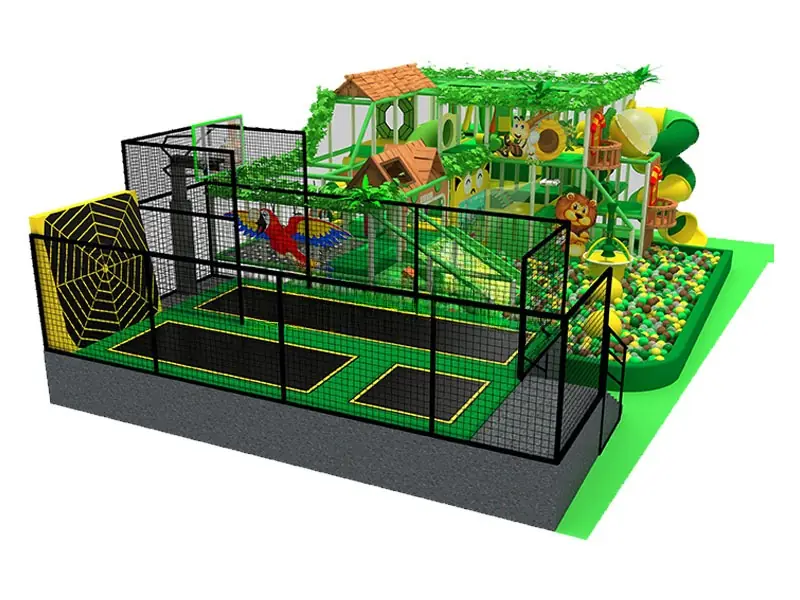 Playground interior tema selva con trampolín · 10 × 6.8 m