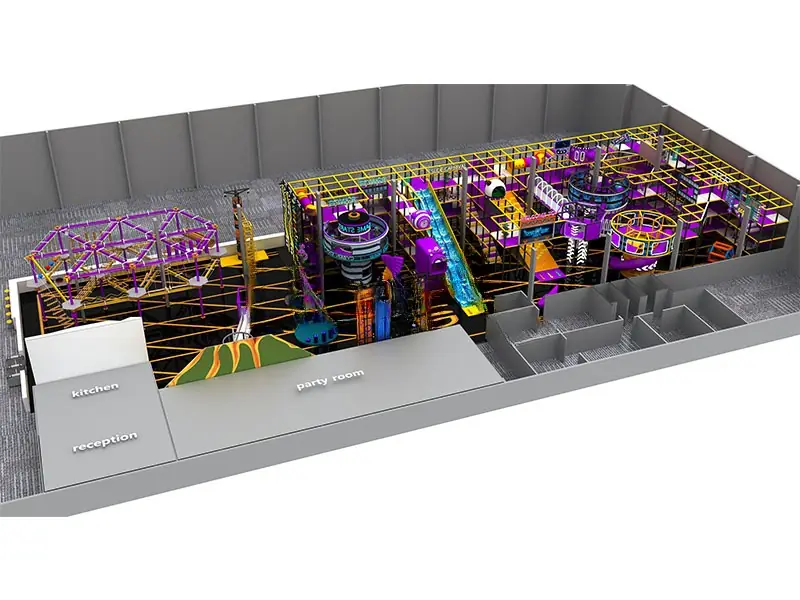 Playground interior con trampolín · 57 × 19 m