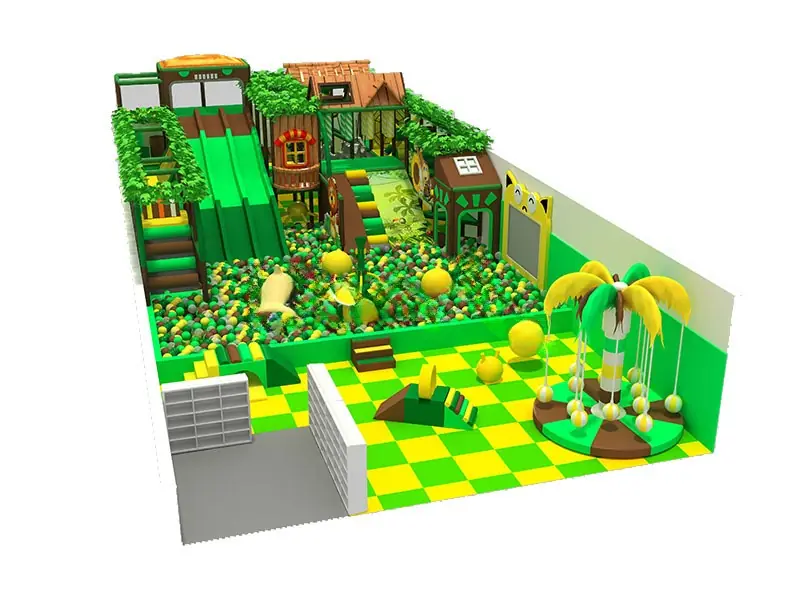 Playground interior tema selva con piscina de pelotas · 9 × 20 m
