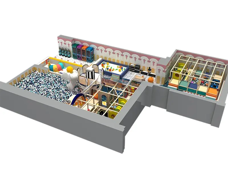 Playground interior con piscina de pelotas · 26 × 21 m