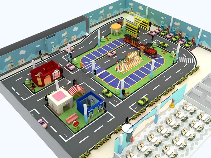 Playground interior con trampolín · 38 × 29 m