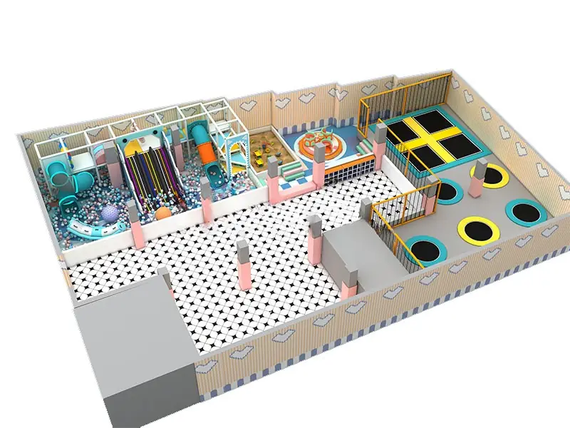 Playground interior con trampolín · 23 × 16 m