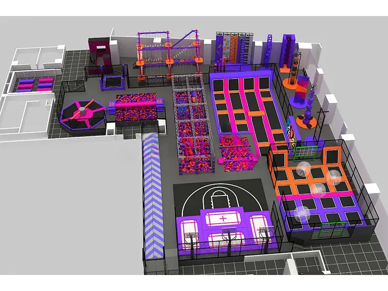 Playground interior con trampolín · 38 × 40 m