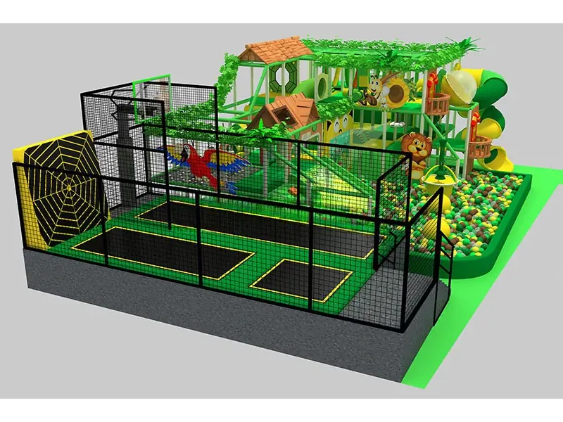 Playground interior tema bosque · 17 × 12 m
