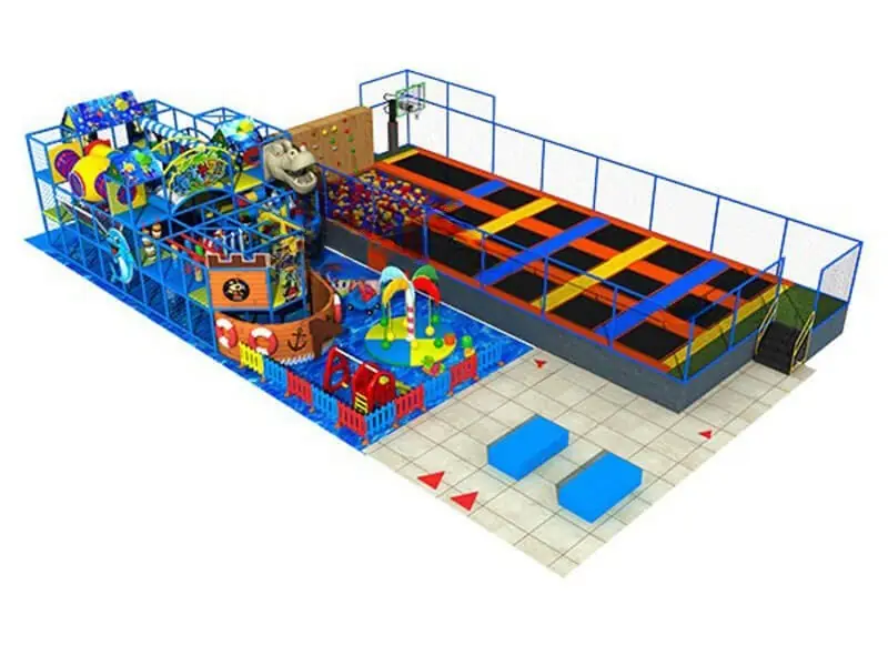 Playground interior tema castillo con trampolín · 14 × 22.67 × 4.8 m