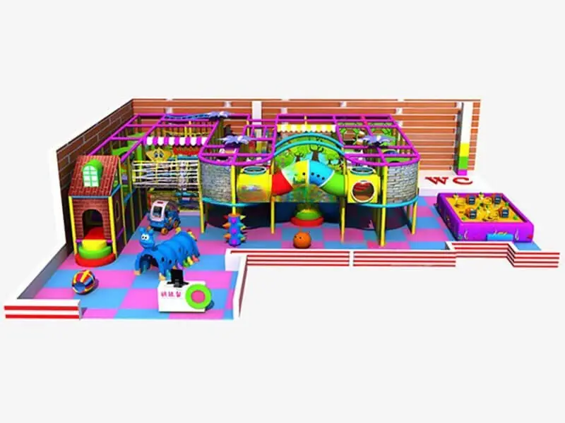 Playground interior tema castillo con piscina de pelotas · 13.77 × 15 × 3 m