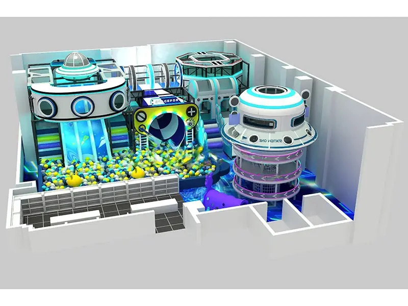 Playground interior tema espacial · 13 × 14 m