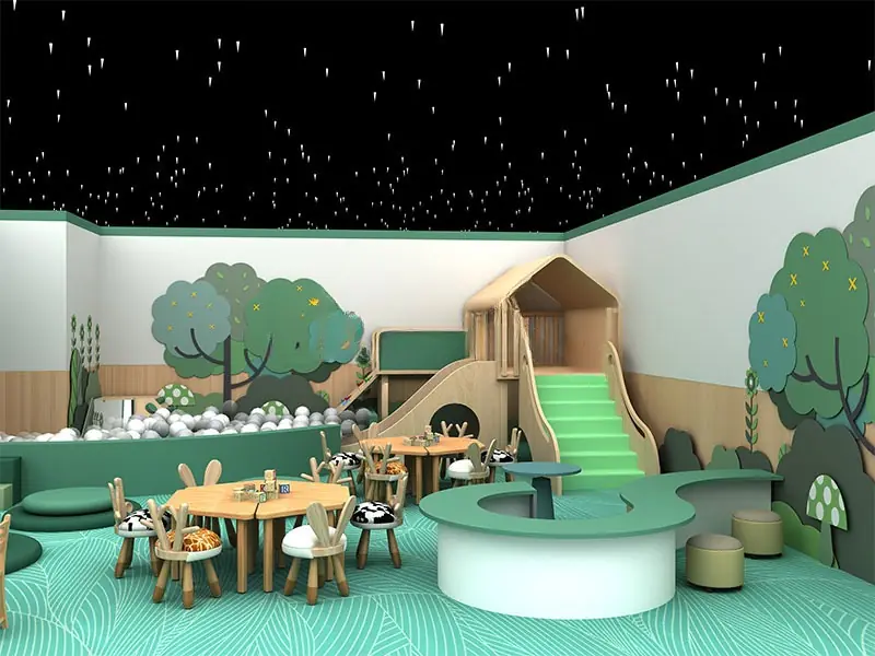 Playground interior tema selva con piscina de pelotas · 7 × 8 m