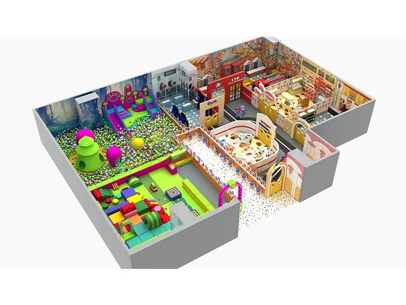 Playground interior tema selva con piscina de pelotas · 265 m²