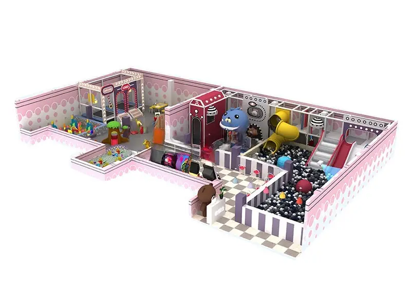 Playground interior tema suave estilizado · 22 × 9.6 × 3.6 m