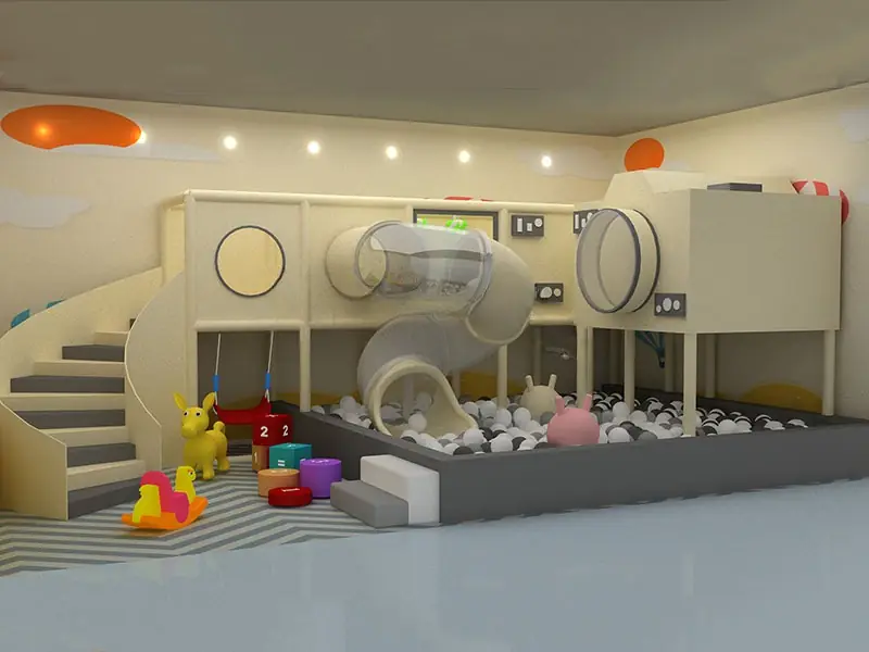 Playground interior tema suave estilizado con piscina de pelotas · 8.5 × 5 × 3 m