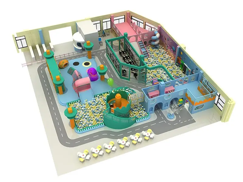 Playground interior tema suave estilizado · 29.8 × 25.3 × 6 m