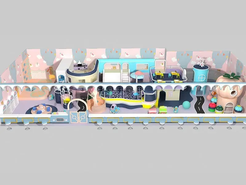 Playground interior tema suave estilizado · 23 × 10 × 4.2 m