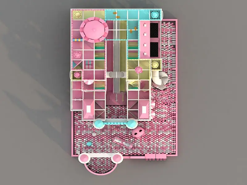 Playground interior tema suave estilizado · 20.8 × 12.3 × 8.7 m