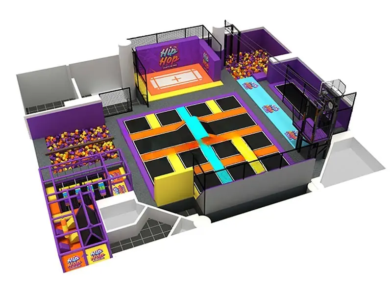 Parque de trampolines con piscina de espuma · 20 × 17 m