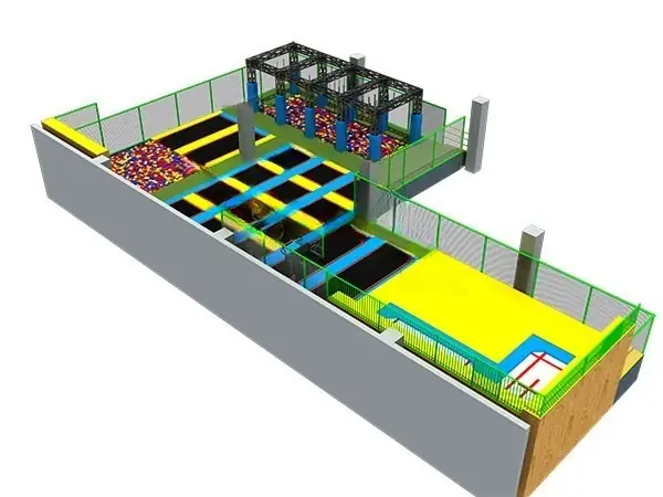 Parque de trampolines con piscina de espuma · 27 × 16 × 5 m