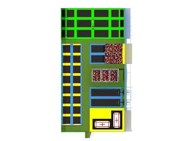 Parque de trampolines interior · 33 × 17 × 5 m