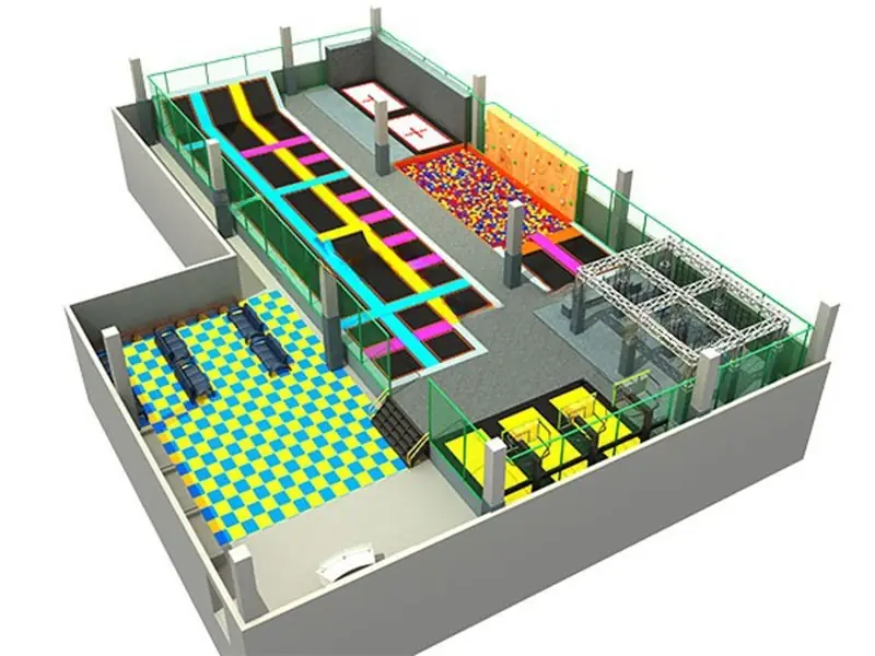 Parque de trampolines interior con circuito ninja · 16.5 × 35.9 × 5.5 m