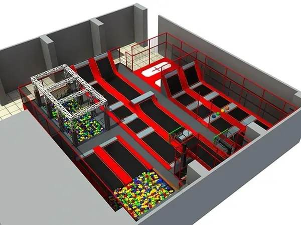 Parque de trampolines con circuito ninja · 29 × 16 × 5 m