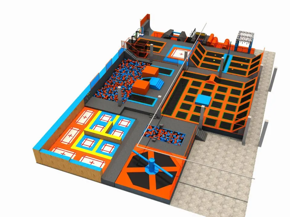 Parque de trampolines interior con piscina de espuma · 21.6 × 9.5 × 3.74 m