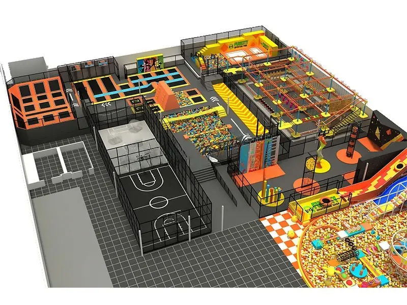 Parque de trampolines con tobogán · 87 × 27 m