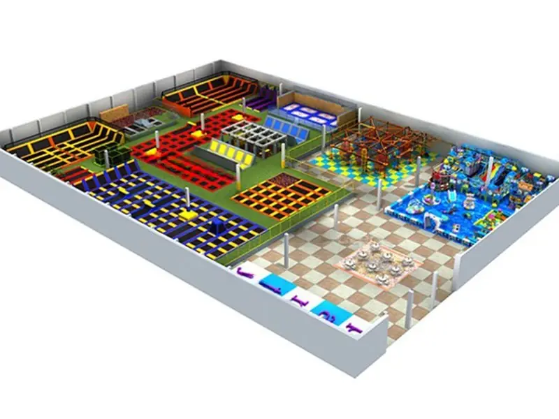 Parque de trampolines interior con circuito ninja · 60.55 × 84.3 × 5 m