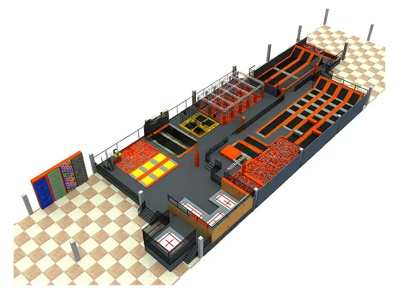 Parque de trampolines interior · 55 × 25 m