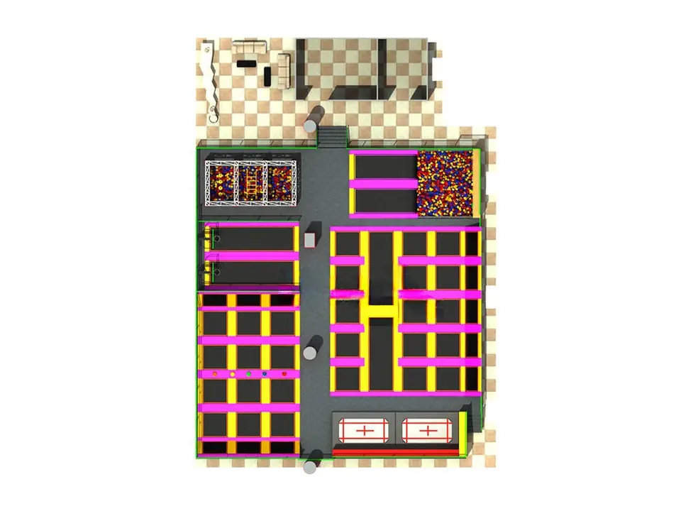 Parque de trampolines interior · 25 × 21 × 5 m