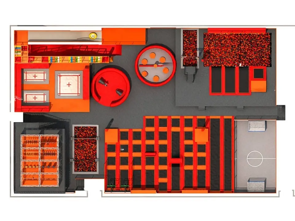 Parque de trampolines interior · 48 × 30 × 9 m