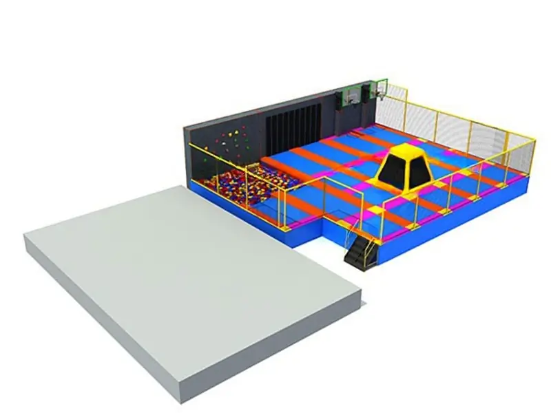 Parque de trampolines interior con piscina de espuma · 14.2 × 12.44 × 4 m
